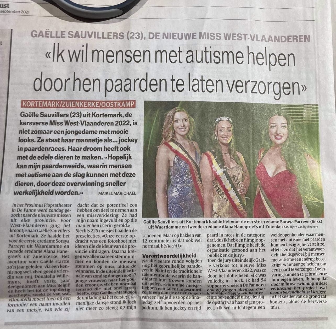 Krantenartikel Gaëlle Sauvillers Miss West-Vlaanderen 2022